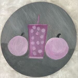 Pink drink and pumpkins acrylic painting on coaster original by Artist